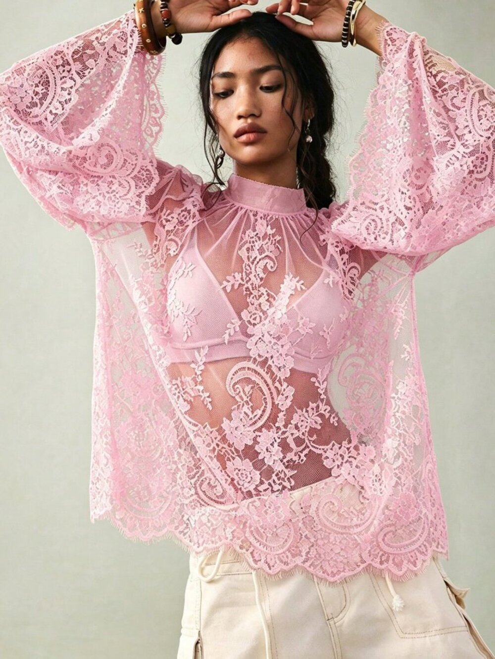 Pink Elegant Women's Darin Collar lace Raglan Sleeve Blouse